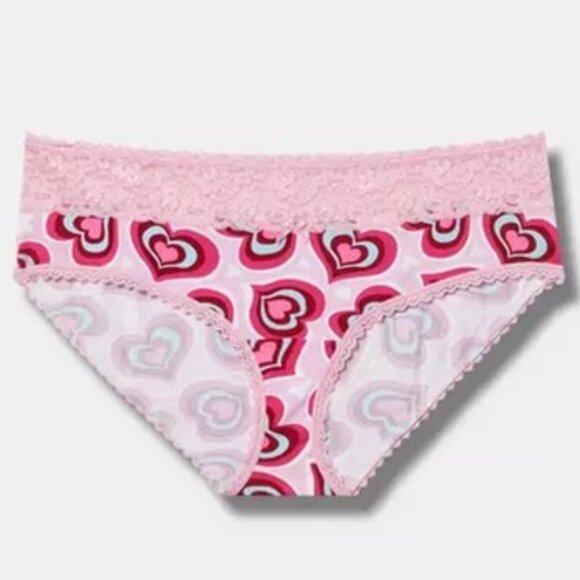 Torrid - Mid-Rise Hipster Lace Trim Panty in Radiating Hearts Prism Pink - Picture 1 of 8